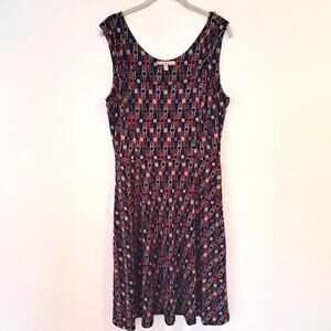 Banana‎ Republic L Dress Sleeveless Midi Blue Red Gray Geometric Shapes